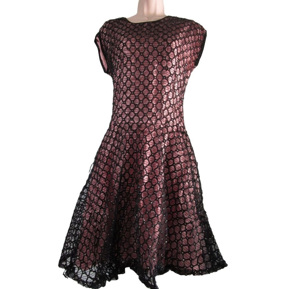 Vintage Black Lace Ribbon Pink Rayon Satin Lined Handmade Cocktail Party Dress